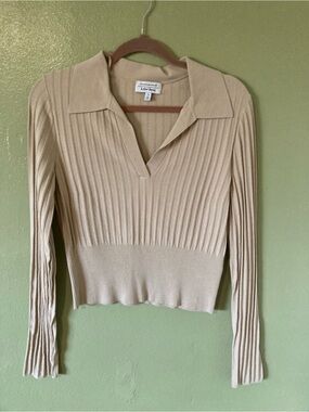& Other Stories Beige Ribbed Knit Polo Top